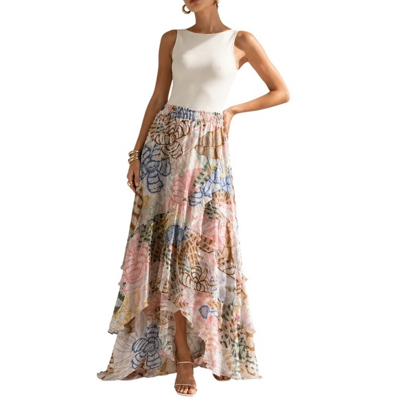 White House Black Market Dresses & Skirts - White House Black Market Floral High-Low Ruffle Midi Skirt Multicolor Size 2